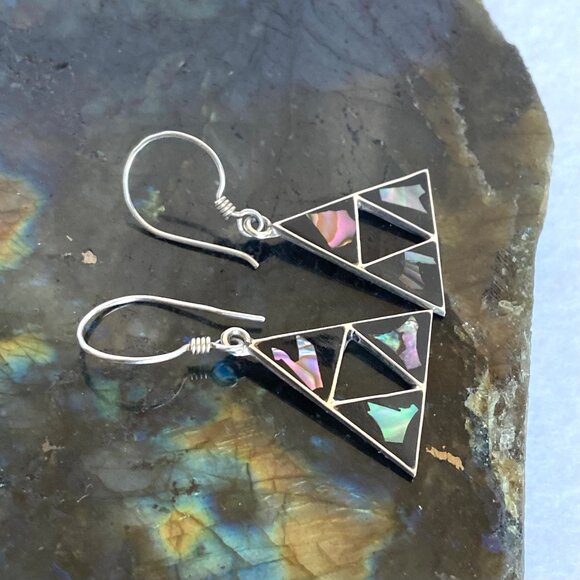 Sterling Silver 925 Southwest Style Abalone Inlay Triangle Dangle Drop Earrings - Picture 3 of 15